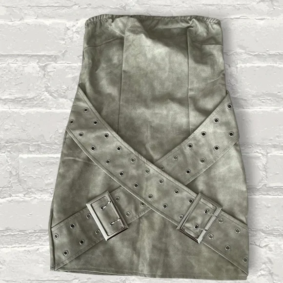 PLT Grey Distressed PU Belt Detail Bodycon Dress - Picture 3 of 5